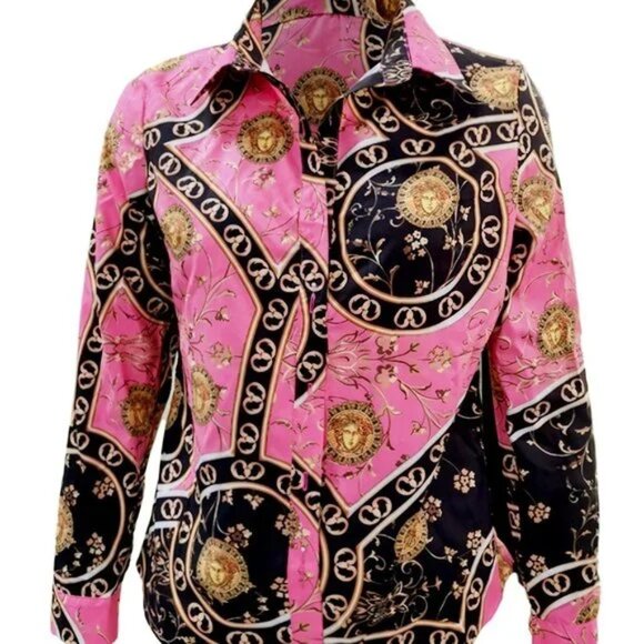 Pink Baroque Print Button-Up Blouse – Long Sleeve Satin Shirt (2XL) - Picture 3 of 4